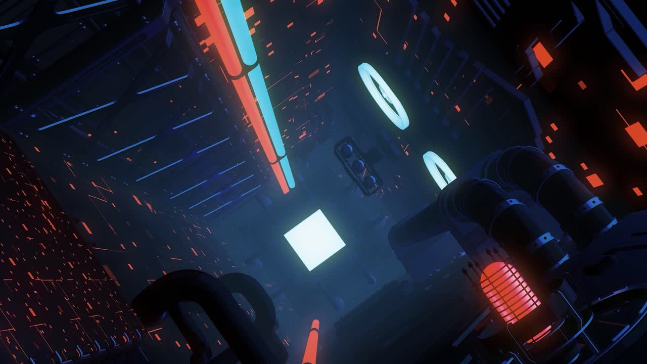 Neon lights illuminate a futuristic, dark, abstract 3D rendering of a cyber punk city