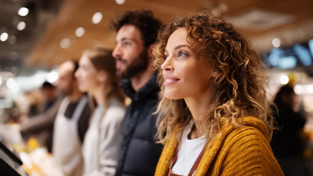 Un gruppo di amici si gode un momento vivace in un mercato affollato, condividendo sorrisi e guardando avanti, catturando l'essenza della connessione e della gioia in un'atmosfera brulicante di possibilità