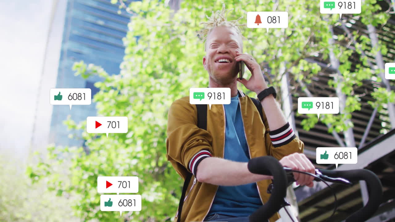 Riding bicycle, man talking on phone with animation of social media notifications