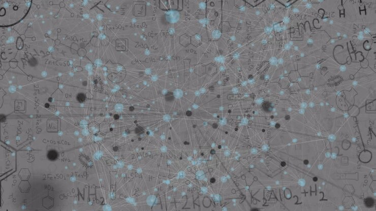Animation of network of connections and mathematical equations on grey background