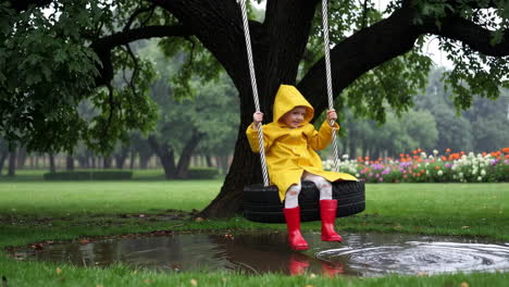 child enjoying a tire swing in a yellow raincoat on a rainy day