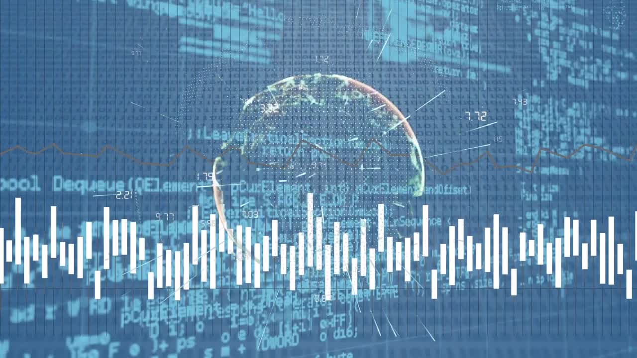 Animation of globe and data processing over blue background