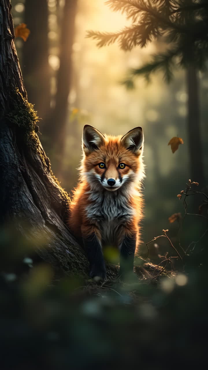 Una giovane volpe in una foresta autunnale illuminata dal sole