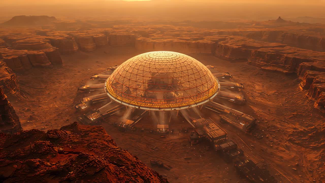 Activating systems, geodesic dome emitting beams to illuminate canyon basin and docked modules