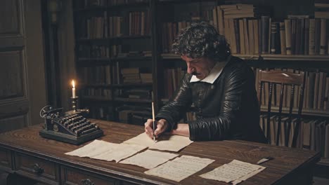 a vintage-style video still of a man writing by candlelight in a library