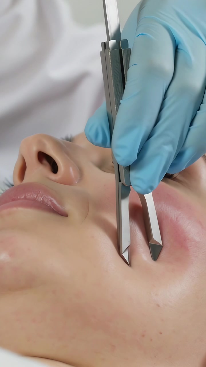 Vertikales Video: Kliniker platziert ein zweizackiges Werkzeug auf einem Klinikbett und behandelt eine Nasolabialfalte.