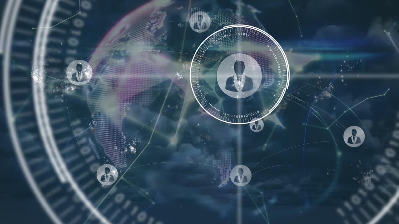 animación de la red de conexiones con personas iconos en el globo, el cielo y las nubes