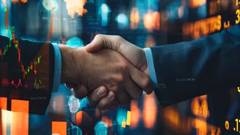 two men shaking hands in front of a stock market chart