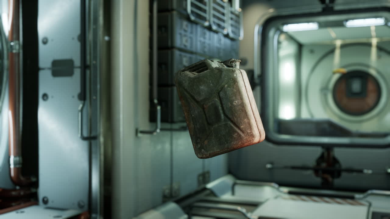 un recipiente de combustible flotando en la vieja estación espacial internacional