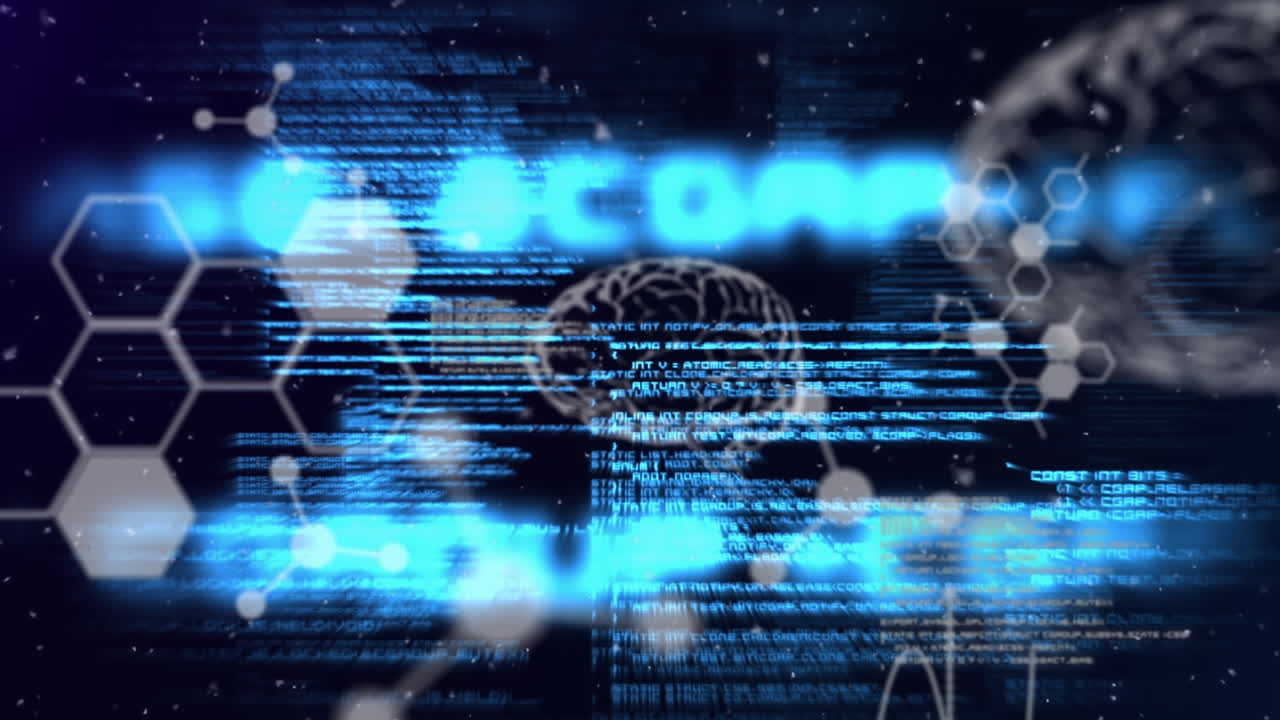 어두운 배경에서 인간의 두뇌와 과학적 데이터 처리의 애니메이션