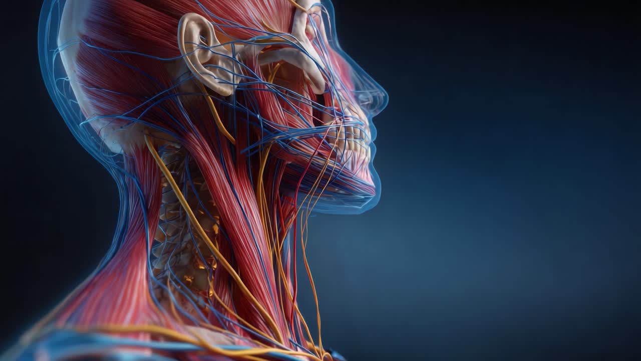 Una visualizzazione dettagliata dell'anatomia umana che mostra muscoli, vene e arterie in una profonda rappresentazione della complessa struttura del corpo