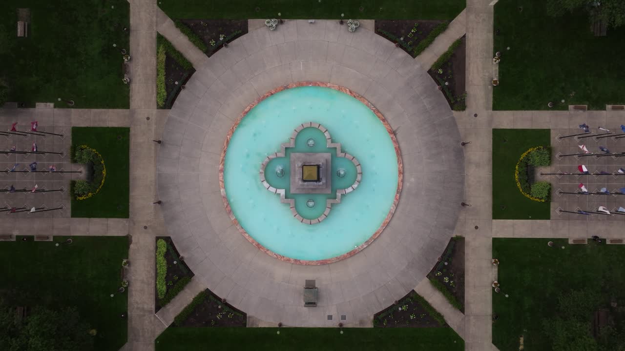 Top Down Aerial View of Black Granite Obelisk, Veterans Memorial Plaza (Obelisk Square)