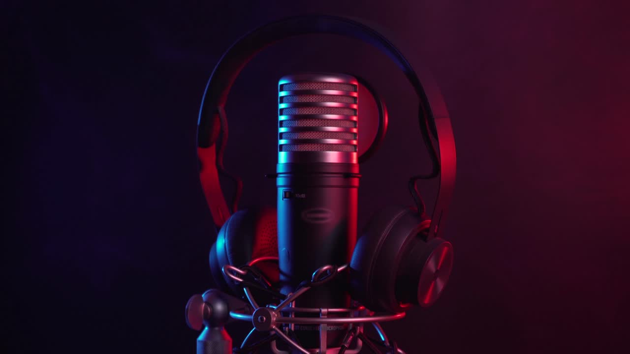 Professional Studio Microphone and Headphones with Neon Lighting