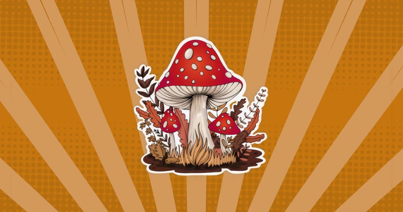 In riproduzione: Gruppo di funghi con cappello rosso che si centra su strisce arancioni in loop per un effetto decorativo.