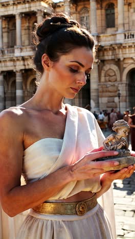 ancient greek woman holding a statue