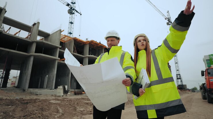 female architect and male foreman are walking in construction site discussing building plan