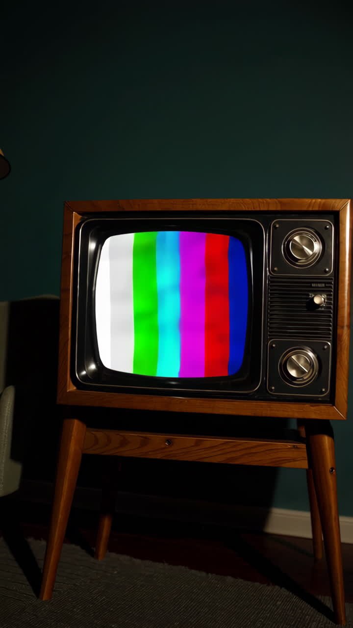 Televisor vintage con carta de ajuste en una habitación oscura