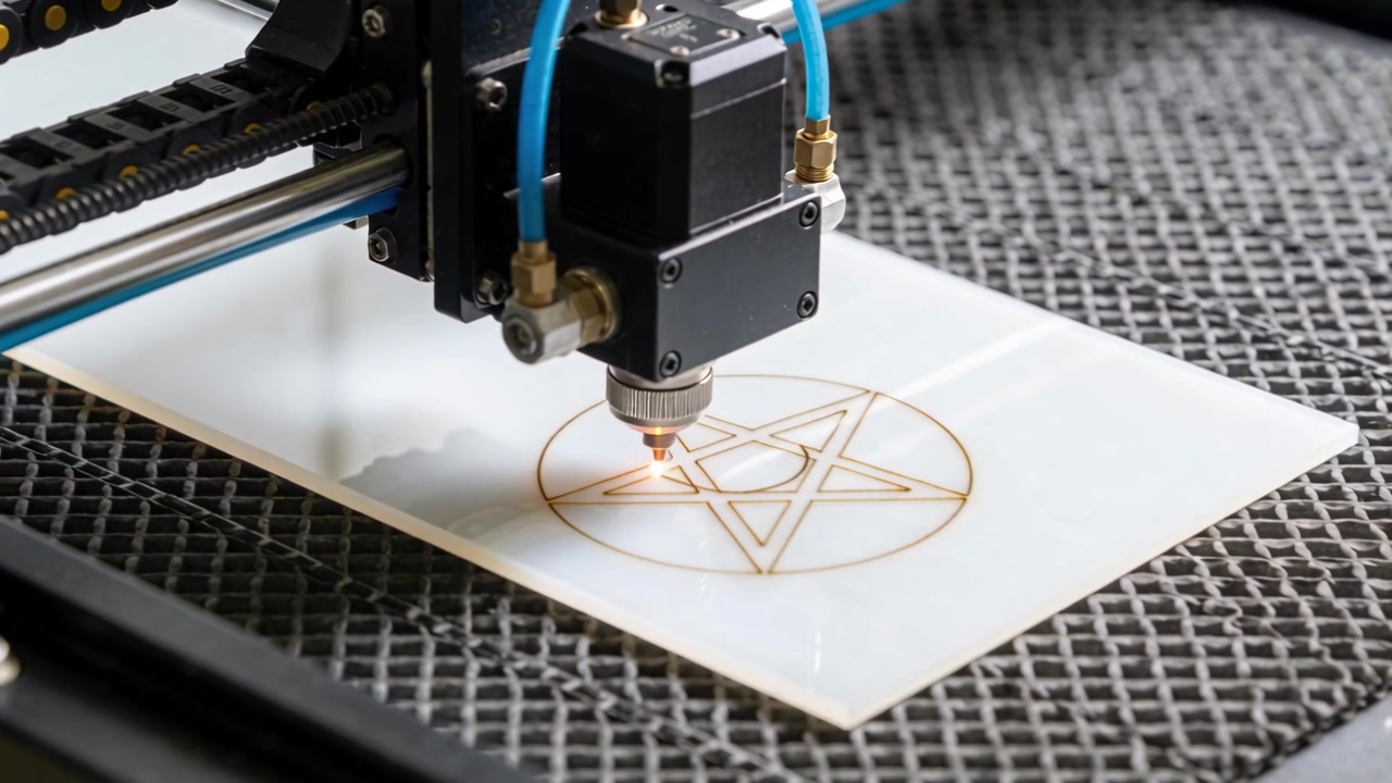 Ao receber o sinal de início, a cabeça de laser de pórtico emite um feixe sobre uma base de colmeia, gravando um pentagrama.