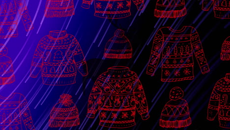 animation of red christmas sweatshirts and hats over running reindeer and falling stars