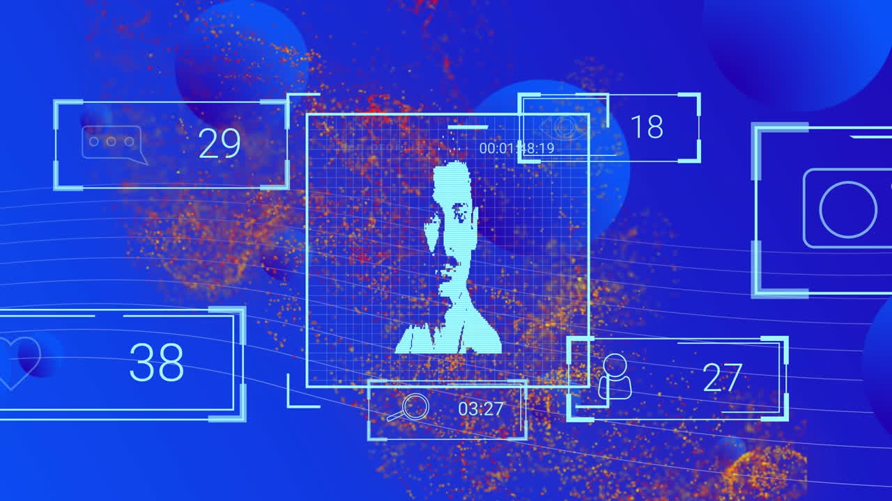 파란색 배경의 모양 위에 다양한 사람들과 함께 데이터 처리의 애니메이션