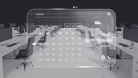 animación de la interfaz digital con procesamiento de datos en el interior de la oficina con escritorios y computadoras