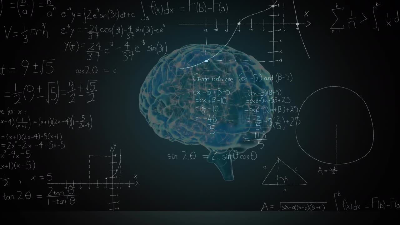 Animation of human brain spinning over mathematical equations on black board