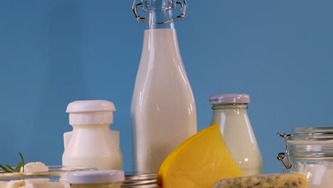 various dairy items arranged against a blue background