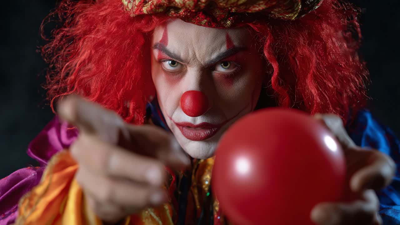 Intense Clown Portraying a Mysterious Presence While Holding a Red Ball, Captivating the Viewer with a Piercing Gaze and Dramatic Colorful Attire