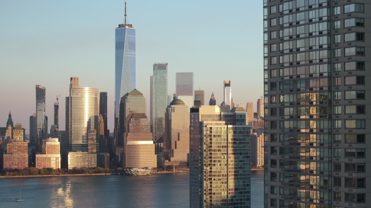 Aerial view of the World Trade Center at dusk. Shot during the autumn in Hoboken, New Jersey.