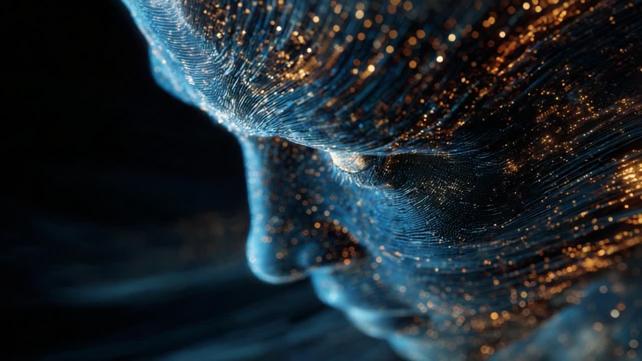 A mesmerizing portrayal of the interplay between light and movement, showcasing the ethereal essence of a human form infused with sparkles and shimmering textures that suggest a connection to the cosmos
