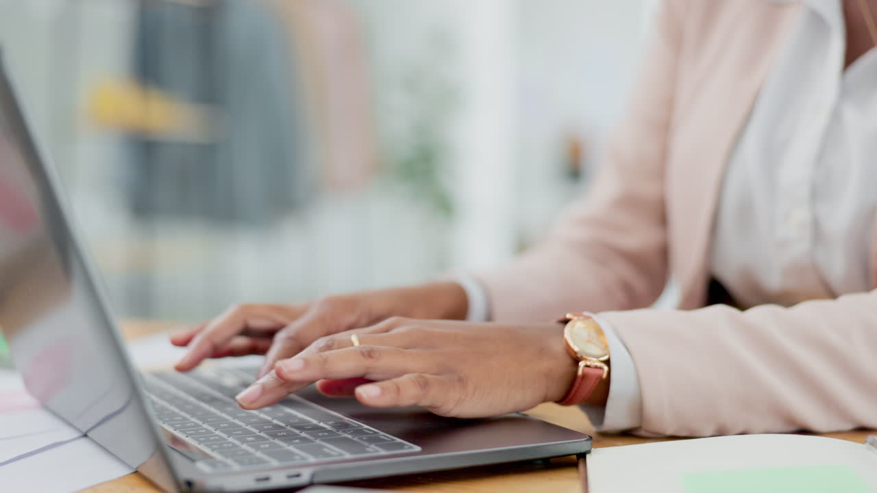 Hands, laptop and business woman typing schedule