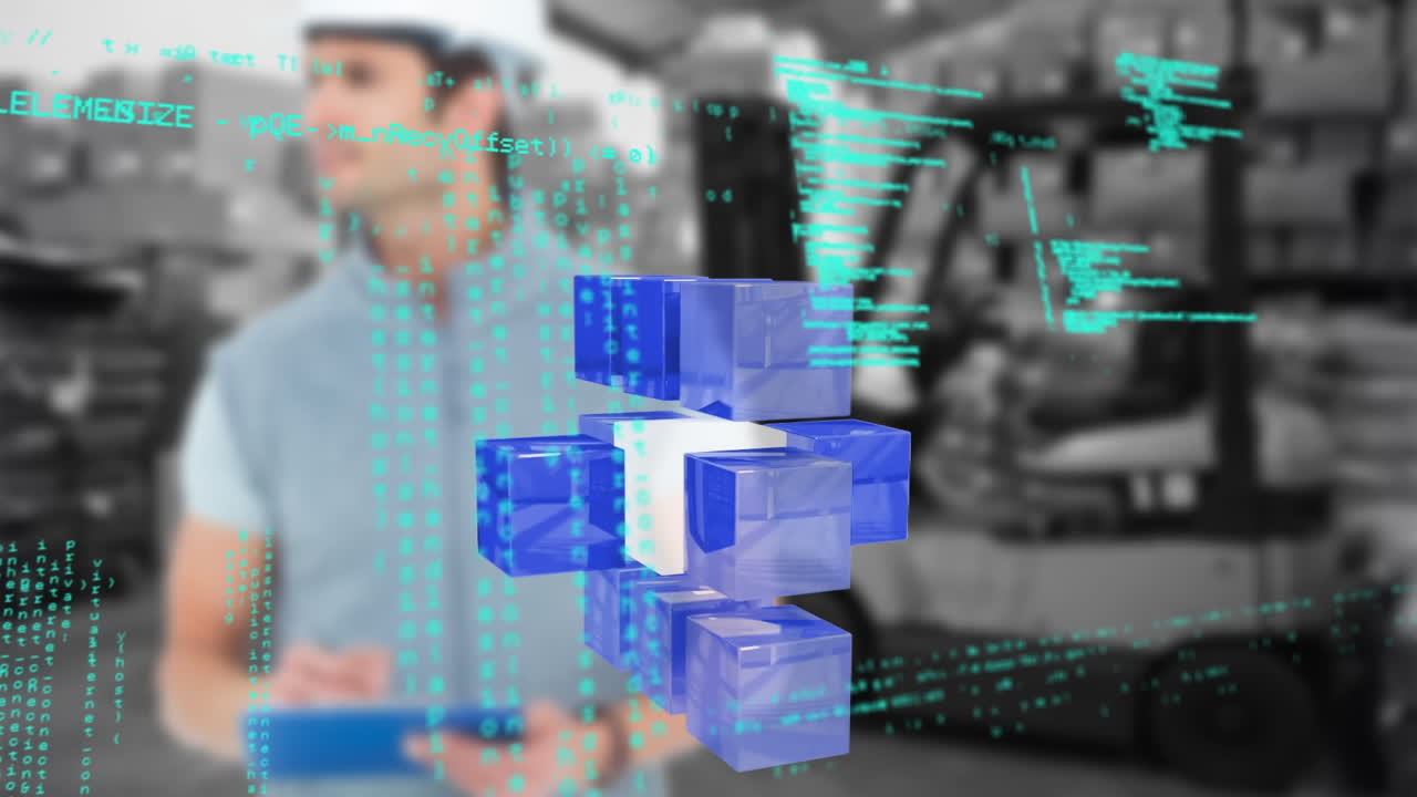animación de procesamiento de datos y cubos sobre trabajador masculino caucásico en el almacén.