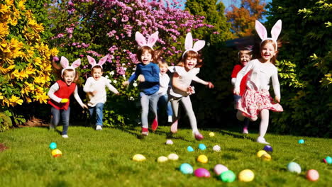 kids enjoying an easter egg hunt with bunny ears