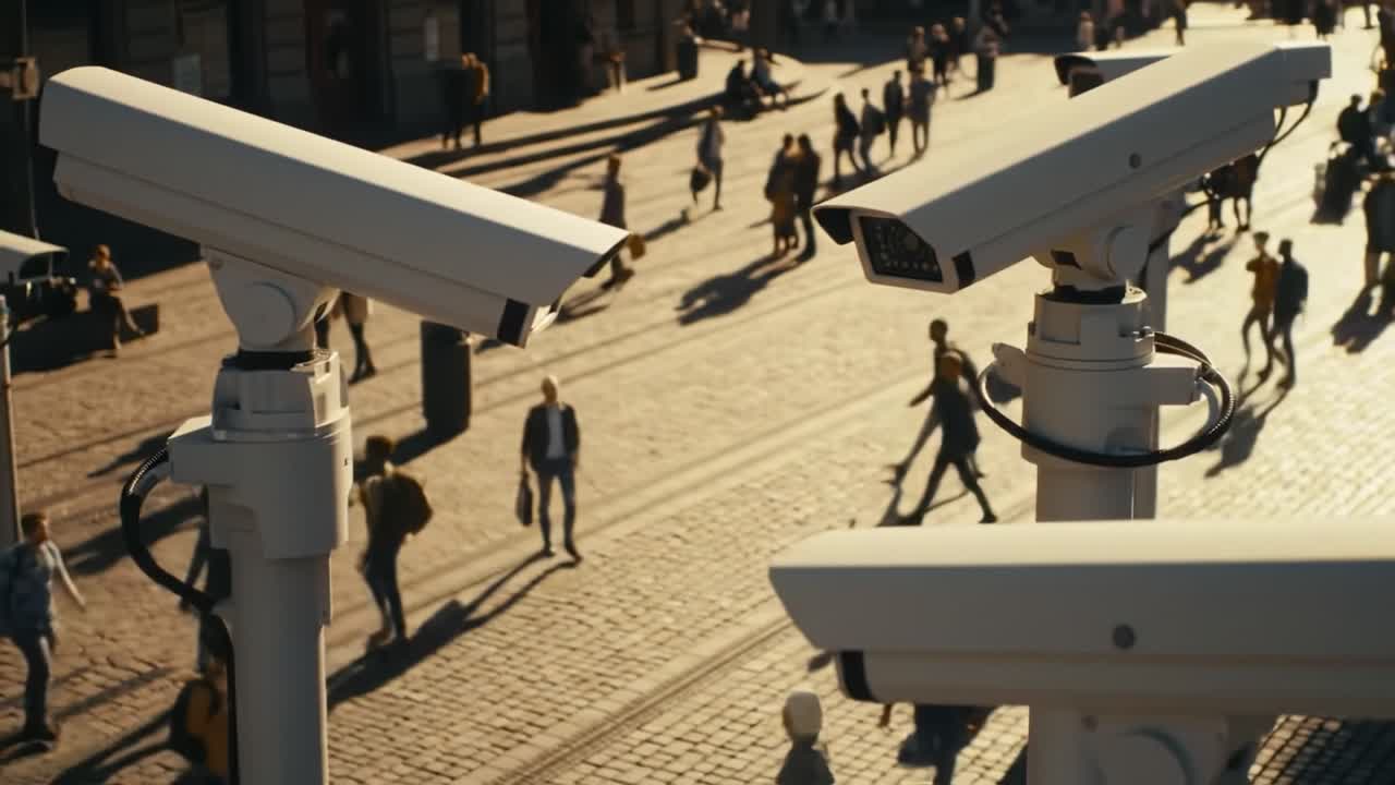 Surveillance Cameras Capture Daily Life in a Bustling Urban Environment, Observing the Movement and Interactions of Pedestrians Amidst the Busy Streets
