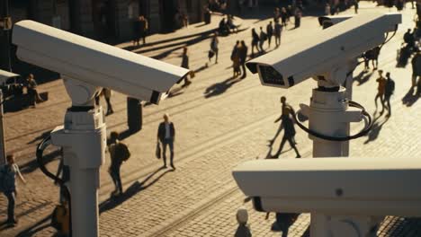 surveillance cameras capture daily life in a bustling urban environment, observing the movement and interactions of pedestrians amidst the busy streets