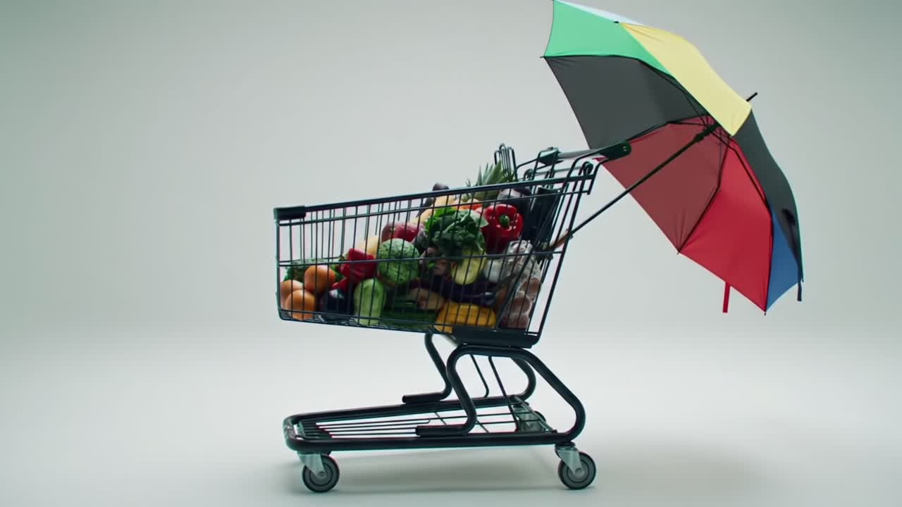 A Creative Shopping Experience: A Supermarket Cart Filled with Colorful Fresh Produce and an Umbrella for a Unique Touch