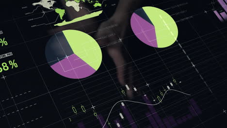 Animation-of-data-processing,-stock-market-and-world-map-over-caucasian-woman-holding-hands