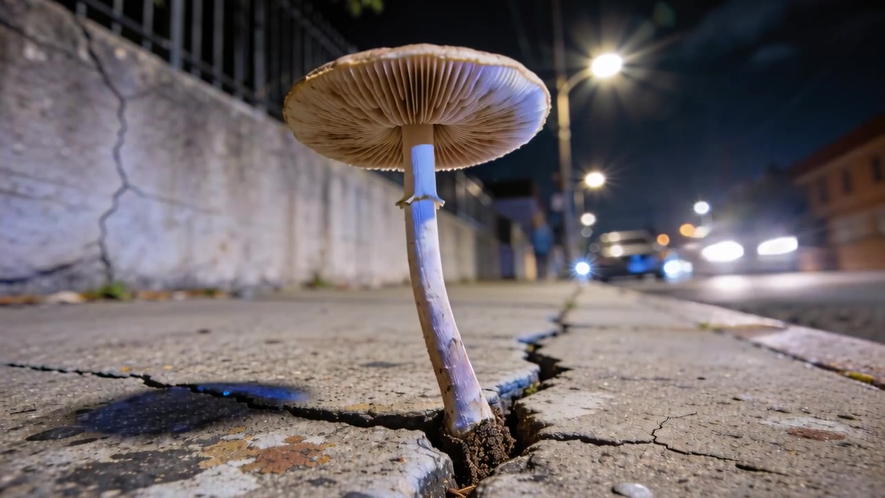 Pushing low camera forward and tilting up, revealing mushroom gills in sidewalk crack at night