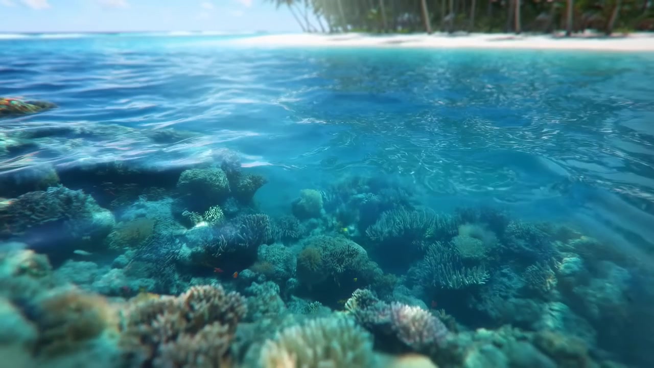 Água Turquesa Clara Sobre Recife de Coral com Superfície Iluminada pelo Sol, Ondas Suaves Beijando a Costa da Ilha, Palmeira