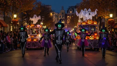 a vibrant halloween parade features skeleton dancers in whimsical costumes, showcasing a blend of spooky decor with glowing pumpkin floats and playful ghostly figures under the night sky