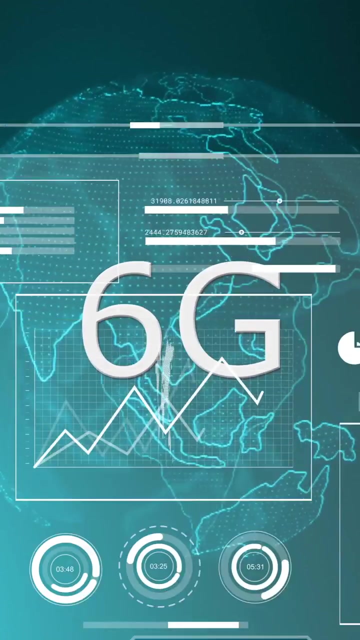 Animation of digital interface displaying 6G technology and global connectivity graphics