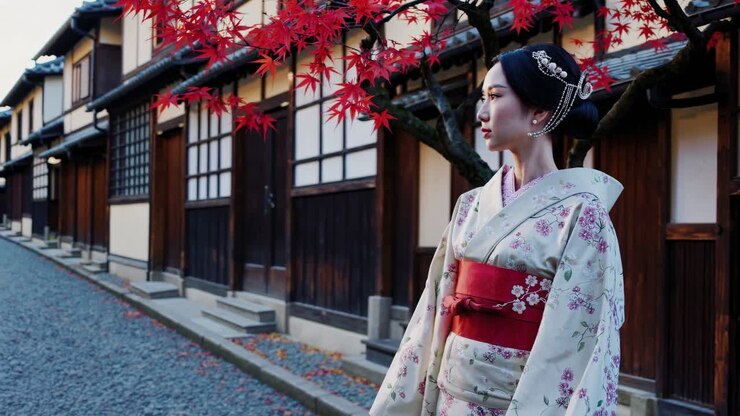 Una donna con un kimono a fiori si trova sotto foglie d'acero rosse, ripresa di profilo lateralmente
