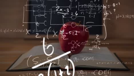 Mathematical-equations-against-apple-on-open-book