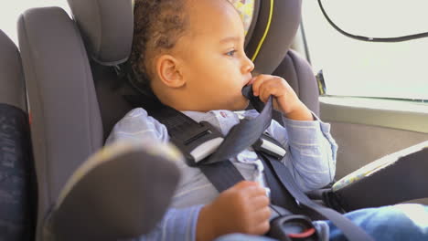 Little-boy-sitting-in-baby-seat,-looking-aside,-chewing-belts