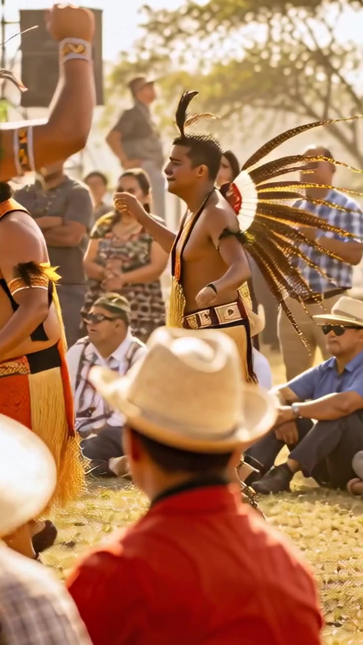 Vídeo vertical: Homem com trajes de penas dando passos, iniciando um solo e liderando uma dança rítmica na grama.