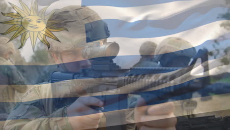 animation of flag of uruguay over diverse soldiers with armour