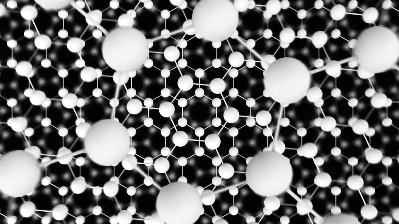 Graphene Tech Advanced Material Loop Tunnel BW Straight. This zoom in nano technology looping 3D animation represents engineering at the molecular level. It can also be reversed to zoom out.