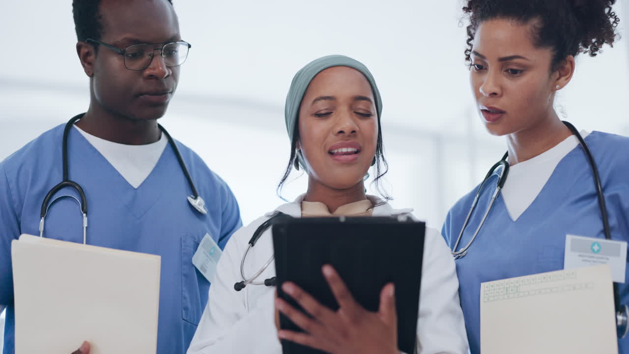 Doctor, nurses or tablet in hospital meeting
