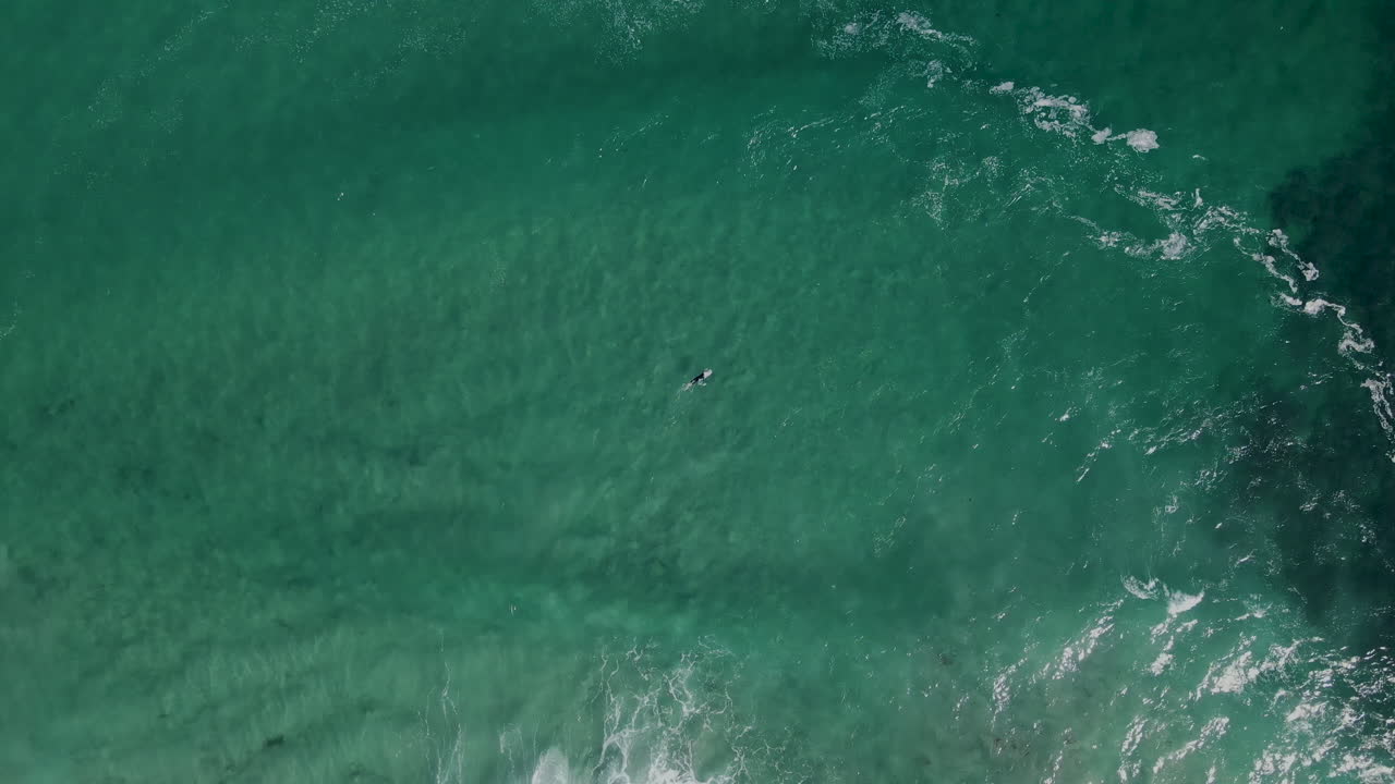 Surfista che cavalca un'onda in un oceano cristallino con fondale sabbioso