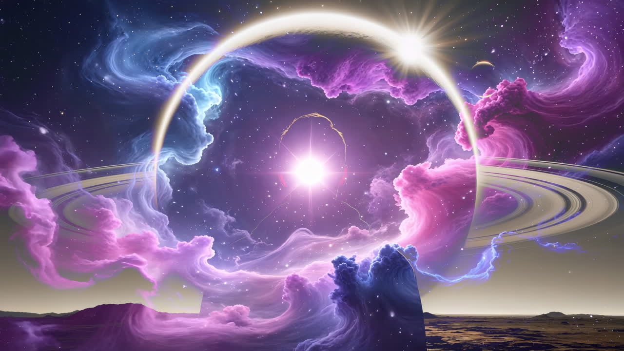 Vibrant Cosmic Nebula with Ringed Planet and Starlight